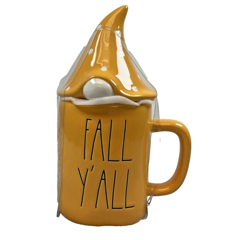 Rae Dunn Fall Y'all Gnome Topper Mug NWOT Yellow‎ Orange Polka Dot